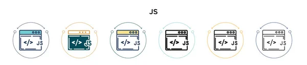 充填された 細い線 アウトラインとストロークのスタイルでJsアイコン 2色と黒のJsベクトルのアイコンのベクトルイラストは モバイル Webに使用することができます — ストックベクタ