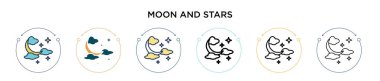 Ay ve yıldızlar dolunay şeklinde, ince çizgi halinde, ana hatlarıyla ve vuruş tarzıyla ikon oluştururlar. İki renkli ve kara ayın vektör illüstrasyonu ve yıldız vektör simgeleri mobil, ui, web için kullanılabilir