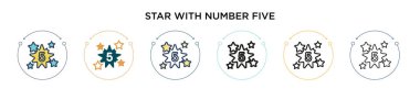 Beş numaralı ikonu olan bir yıldız. İnce çizgi, özet ve vuruş stili. Beş numaralı vektör simgesine sahip iki renkli ve siyah yıldızın vektör illüstrasyonu mobil, ui, web için kullanılabilir