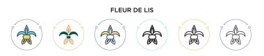 Fleur de lis simgesi doldurulmuş, ince çizgi, özet ve vuruş stili. Mobil, ui, web için iki renkli ve siyah fleur de lis vektör simgesi tasarımı vektör illüstrasyonu kullanılabilir