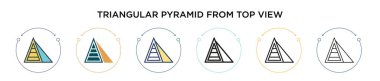 Üst görünüm simgesinden gelen üçgen piramit. Dopdolu, ince çizgi, dış hat ve vuruş stili. Üst görünüm vektör simgelerinden iki renkli ve siyah üçgen piramidin vektör çizimi