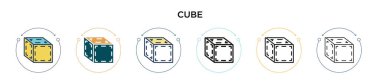 Küp simgesi dolu, ince çizgi, özet ve vuruş stili. Mobil, ui, web için iki renkli ve siyah küp vektör ikonu tasarımının vektör illüstrasyonu kullanılabilir