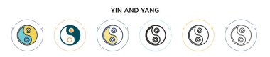 Yin ve yang ikonu. İnce çizgi, özet ve vuruş stili. Mobil, ui, web için iki renkli ve siyah yin ve yang vektör simgelerinin vektör çizimi kullanılabilir