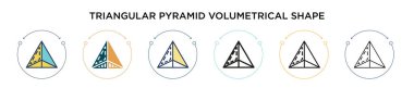 Üçgen piramit hacimli şekil simgesi doldurulmuş, ince çizgi, dış hat ve vuruş stili. İki renkli ve siyah üçgen piramit hacimli şekil vektör ikonu tasarımının vektör illüstrasyonu 