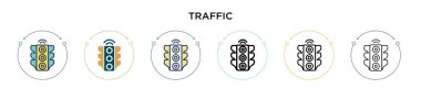 Trafik simgesi dolu, ince çizgi, özet ve vuruş stili. Mobil, ui, web için iki renkli ve siyah trafik vektör ikonu tasarımının vektör illüstrasyonu kullanılabilir