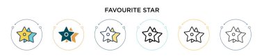 Dolu, ince çizgi halinde, ana hatlarıyla ve vuruş tarzıyla favori yıldız ikonu. Mobil, ui, web için iki renkli ve siyah yıldız vektör ikonu tasarımının vektör illüstrasyonu kullanılabilir