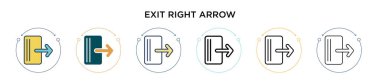 Sağ ok simgesini doldurulmuş, ince çizgi halinde, ana hatlarıyla ve vuruş tarzıyla terk et. Mobil, ui, web için iki renkli ve siyah çıkış sağ ok vektör simgesi tasarımı vektör illüstrasyonu kullanılabilir