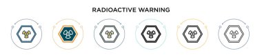 Radyoaktif uyarı simgesi dolu, ince çizgi, özet ve vuruş stili. Mobil, ui, web için iki renkli ve siyah radyoaktif uyarı vektör simgesi tasarımı vektör illüstrasyonu kullanılabilir