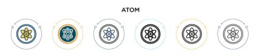 Atom işareti simgesi dolu, ince çizgi, özet ve vuruş stili. Mobil, ui, web için iki renkli ve siyah atom işareti vektör simgesi tasarımının vektör illüstrasyonu kullanılabilir