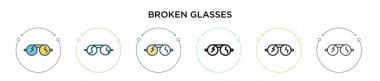 Kırık gözlük simgesi dolu, ince çizgi, ana hatlar ve vuruş stili. Mobil, ui, web için iki renkli ve siyah cam vektör ikonu tasarımı vektör illüstrasyonu kullanılabilir
