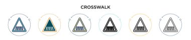 Yaya geçidi işareti, üçgen ikon dolu, ince çizgi, ana hat ve vuruş stili. Üçgen vektör simgelerinin iki renkli ve siyah yaya geçidi sinyali için vektör illüstrasyonu 