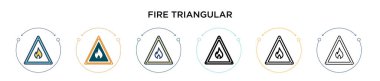 Üçgen sinyal simgesini doldurulmuş, ince çizgi halinde, ana hatlarıyla ve vuruş tarzıyla ateşle. Mobil, ui, web için iki renkli ve siyah ateş üçgen sinyal vektör simgelerinin vektör illüstrasyonu kullanılabilir