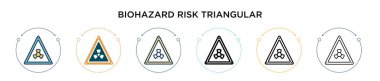 Biyolojik tehlike riski üçgen sinyal simgesi dolu, ince çizgi, özet ve vuruş stili. İki renkli ve siyah biyolojik tehlike üçgen sinyal vektör simgeleri için vektör illüstrasyonu kullanılabilir
