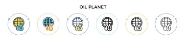 Petrol gezegeni ikonu, ince çizgi halinde, ana hatları ve vuruş stili. Mobil, ui, web için iki renkli ve siyah yağ gezegen vektör ikonu tasarımı vektör illüstrasyonu kullanılabilir