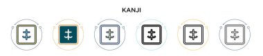 Kanji sembolü, Japon simgesi doldurulmuş, ince çizgi, ana hatlar ve vuruş stili. Japonya vektör simgelerinin iki renkli ve siyah kanji sembolünün vektör illüstrasyonu mobil, ui, web için kullanılabilir