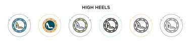 Yüksek topuklu ayakkabı ikonu, ince çizgi, özet ve vuruş stili. Mobil, ui, web için iki renkli ve siyah yüksek topuklu vektör ikonu tasarımı vektör çizimi kullanılabilir