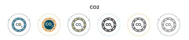 Karbondioksit ikonu, ince çizgi, ana hatlar ve vuruş stili. Mobil, ui, web için iki renkli ve siyah CO2 vektör simgesinin vektör çizimi kullanılabilir