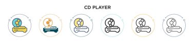 CD çalar simgesi doldurulmuş, ince çizgi, taslak ve vuruş stili. Mobil, ui, web için iki renkli ve siyah CD oynatıcı vektör simgesi tasarımı kullanılabilir