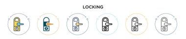 Simge kilitleniyor, ince çizgi, özet ve vuruş stili. Mobil, ui, web için iki renkli ve siyah kilitleme vektör ikonu tasarımının vektör illüstrasyonu kullanılabilir