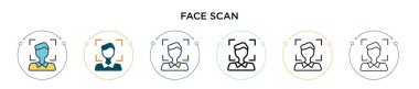 Yüz tarama simgesi doldurulmuş, ince çizgi, özet ve vuruş stili. Mobil, ui, web için iki renkli ve siyah yüz tarama vektör ikonu tasarımının vektör illüstrasyonu kullanılabilir