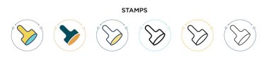 Damga simgesi dolu, ince çizgi, özet ve vuruş stili. İki renkli ve siyah pul vektör simgesi tasarımı mobil, ui, web için kullanılabilir