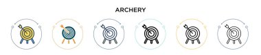 Okçuluk simgesi dolu, ince çizgi, özet ve vuruş stili. Mobil, ui, web için iki renkli ve siyah okçuluk vektör ikonu tasarımı vektör illüstrasyonu kullanılabilir