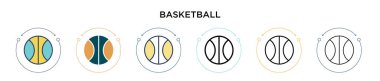 Basketbol ikonu dolu, ince çizgi, dış hatlar ve vuruş stili. Mobil, ui, web için iki renkli ve siyah basketbol vektör ikonu tasarımı vektör illüstrasyonu kullanılabilir