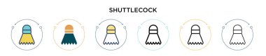 Shuttlecock simgesi doldurulmuş, ince çizgi, özet ve vuruş stili. Mobil, ui, web için iki renkli ve siyah mekik vektör simgesi tasarımı kullanılabilir