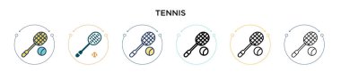 Tenis ikonu dolu, ince çizgi, dış hatlar ve vuruş stili. Mobil, ui, web için iki renkli ve siyah tenis vektör ikonu tasarımı vektör illüstrasyonu kullanılabilir