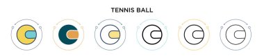 Tenis topu ikonu doldurulmuş, ince çizgi, dış hat ve vuruş stili. Mobil, ui, web için iki renkli ve siyah tenis topu vektör ikonu tasarımı vektör illüstrasyonu kullanılabilir