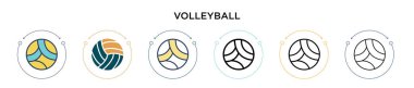 Voleybol ikonu dolu, ince çizgi, dış hatlar ve vuruş stili. Mobil, ui, web için iki renkli ve siyah voleybol vektör ikonu tasarımının vektör illüstrasyonu kullanılabilir