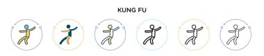 Kung fu ikonu dolu, ince çizgi, özet ve vuruş stili. Mobil, ui, web için iki renkli ve siyah kung fu vektör ikonu tasarımı vektör illüstrasyonu kullanılabilir
