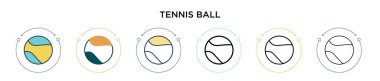 Tenis topu ikonu doldurulmuş, ince çizgi, dış hat ve vuruş stili. Mobil, ui, web için iki renkli ve siyah tenis topu vektör ikonu tasarımı vektör illüstrasyonu kullanılabilir