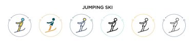 Zıplayan kayak tabelası simgesi, ince çizgi, özet ve vuruş stili. Mobil, ui, web için iki renkli ve siyah atlama vektör simgesi tasarımı vektör illüstrasyonu kullanılabilir