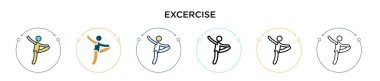 Dolu, ince çizgi, özet ve vuruş tarzında egzersiz ikonu. Mobil, ui, web için iki renkli ve siyah egzersiz vektör ikonu tasarımı vektör illüstrasyonu kullanılabilir