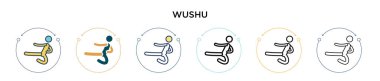 Wushu simgesi doldurulmuş, ince çizgi, özet ve vuruş stili. Mobil, ui, web için iki renkli ve siyah Wushu vektör simgesinin vektör çizimi kullanılabilir