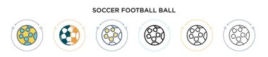 Futbol topu ikonu dolu, ince çizgi, dış hatlar ve vuruş stili. Mobil, ui, web için iki renkli ve siyah futbol topu vektör ikonu tasarımı vektör illüstrasyonu kullanılabilir