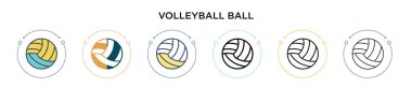 Voleybol ikonu dolu, ince çizgi, dış hatlar ve vuruş stili. Mobil, ui, web için iki renkli ve siyah voleybol vektör ikonu tasarımının vektör illüstrasyonu kullanılabilir