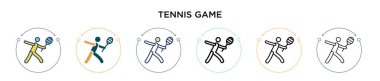 Tenis maçının ikonu, ince çizgi, dış hatlar ve vuruş stili. Mobil, ui, web için iki renkli ve siyah tenis oyunu vektör ikonu tasarımı vektör illüstrasyonu kullanılabilir