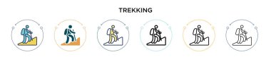 Trek işareti simgesi doldurulmuş, ince çizgi, ana hatlar ve vuruş stili. Mobil, ui, web için iki renkli ve siyah yürüyüş vektör simgesi tasarımının vektör illüstrasyonu kullanılabilir