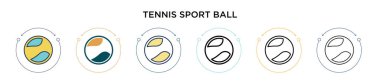 Tenis topu ikonu dolu, ince çizgi, dış hatlar ve vuruş stili. Mobil, ui, web için iki renkli ve siyah tenis topu vektör ikonu tasarımı vektör illüstrasyonu kullanılabilir