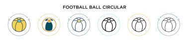 Futbol dairesel ikonu. İnce çizgi, dış hatlar ve vuruş stili. Mobil, ui, web için iki renkli ve siyah futbol topu dairesel vektör simgesi tasarımı vektör illüstrasyonu kullanılabilir
