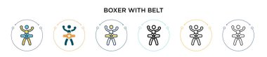 Kemer ikonlu boksör. İnce çizgi, dış hatlar ve vuruş stili. Kemer vektör simgelerine sahip iki renkli ve siyah boksörün vektör illüstrasyonu mobil, ui, web için kullanılabilir