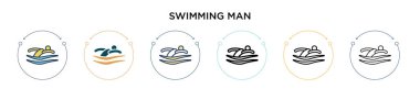 Yüzen adam simgesi dolu, ince çizgi, ana hatlar ve vuruş stili. İki renkli ve siyah yüzücü vektör ikonu tasarımı mobil, ui, web için kullanılabilir