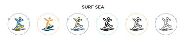 Sörf deniz ikonu, ince çizgi, ana hatlar ve vuruş stili. Mobil, ui, web için iki renkli ve siyah sörf deniz vektör simgesi tasarımı vektör illüstrasyonu kullanılabilir