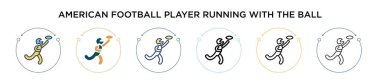 Amerikan futbolcusu elinde top ikonuyla koşuyor, ince çizgi, çizgi ve vuruş stiliyle. Top vektörüyle koşan iki siyahi ve siyahi Amerikan futbolcusunun vektör çizimi 