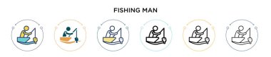 Balıkçı ikonu dolu, ince çizgi, ana hatlar ve vuruş stili. İki renkli ve siyah balıkçı vektör ikonu tasarımı mobil, ui, web için kullanılabilir