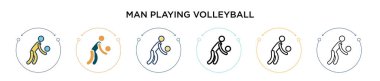Voleybol ikonu rolünde bir adam. İnce çizgi, çizgi ve vuruş stili. Voleybol vektör simgeleri oynayan iki renkli ve siyah adamın vektör illüstrasyonu mobil, ui, web için kullanılabilir