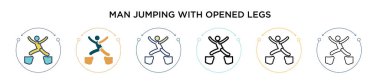 Açılmış bacak ikonu ile atlayan bir adam. İnce çizgi, ana hatlar ve vuruş stili. Açık bacak vektör simgeleriyle atlayan iki renkli ve siyah adamın vektör illüstrasyonu mobil tasarım için kullanılabilir,