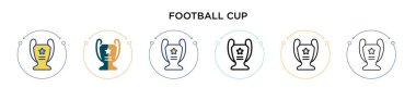 Futbol kupası ikonu. İnce çizgi, dış hatlar ve vuruş stili. Mobil, ui, web için iki renkli ve siyah futbol kupası vektör ikonu tasarımı vektör illüstrasyonu kullanılabilir